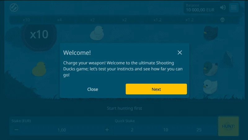 Exploding Ducks - welcome screen na may pagpipilian sa taya